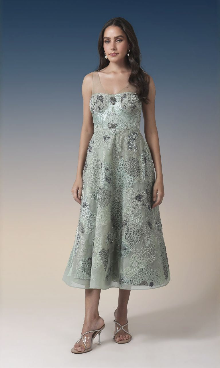 Mint Mesh Illusion Neckline Party Dress