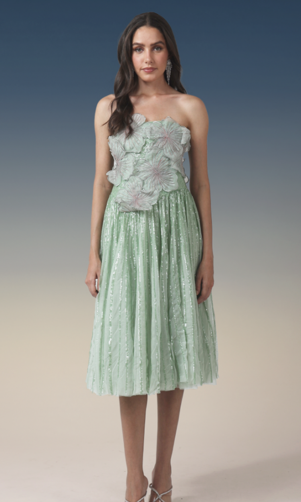 mint green strapless dress Mint Floral Strapless Midi Dress – Geisha Designs by Paras and Shalini