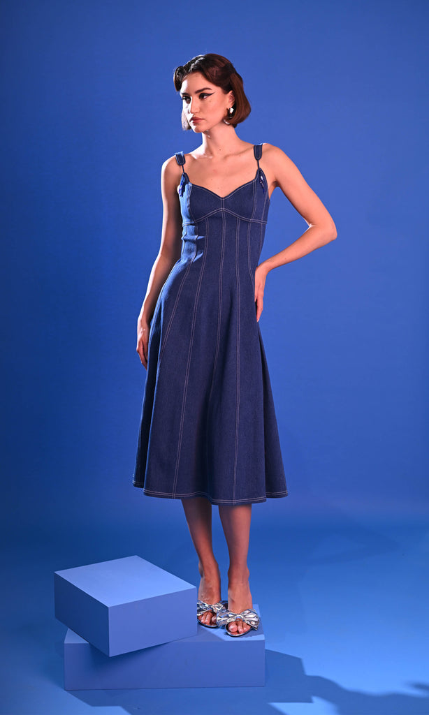 geisha designs corset denim dress Corset Denim Midi Dress