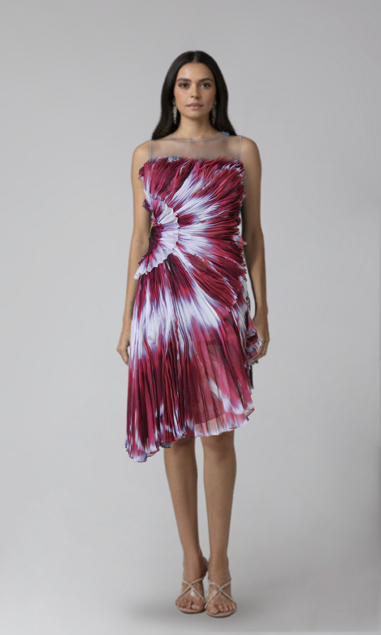Crimson Aurora Pleated Midi Dress