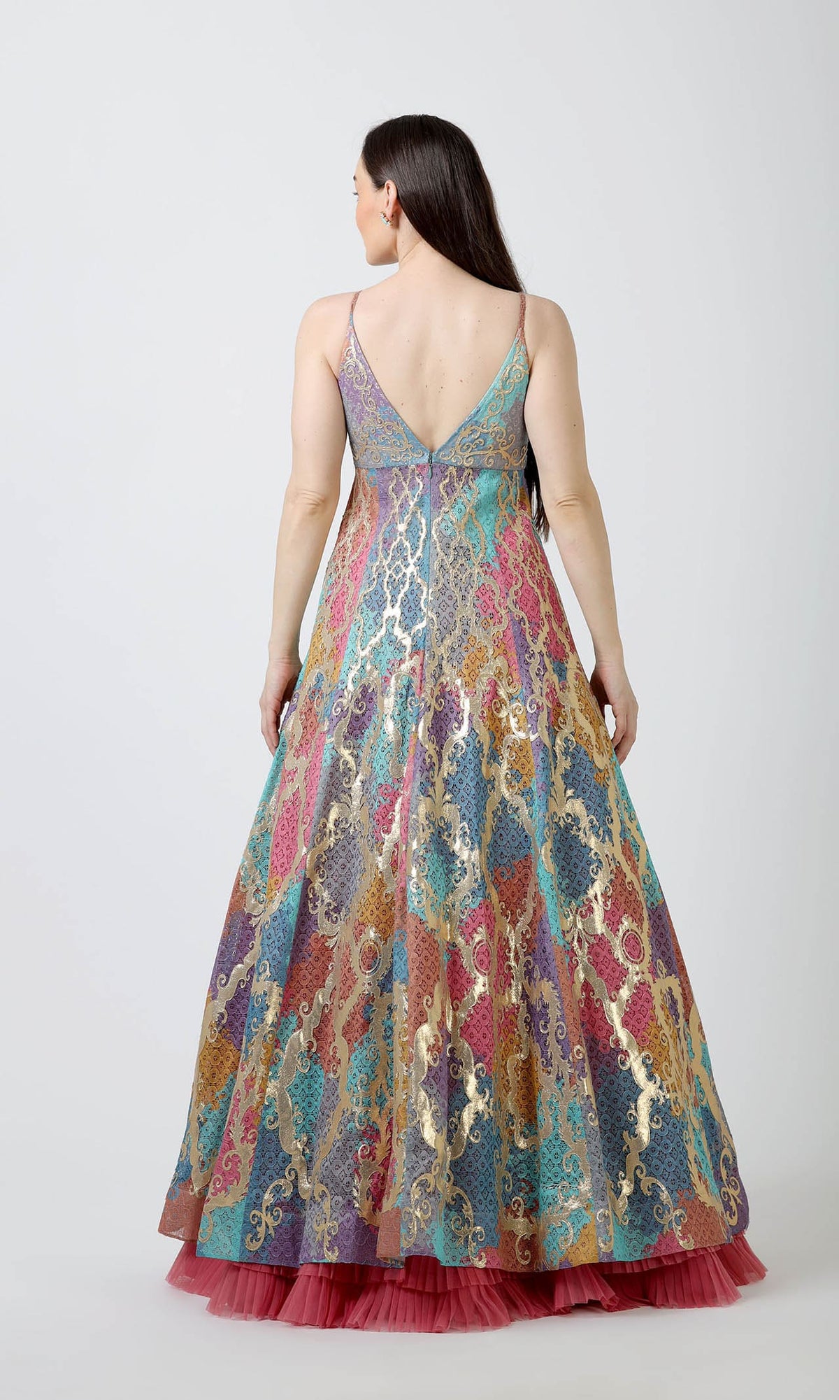 Multicolour Anarkali with Pink Ruffle Skirt