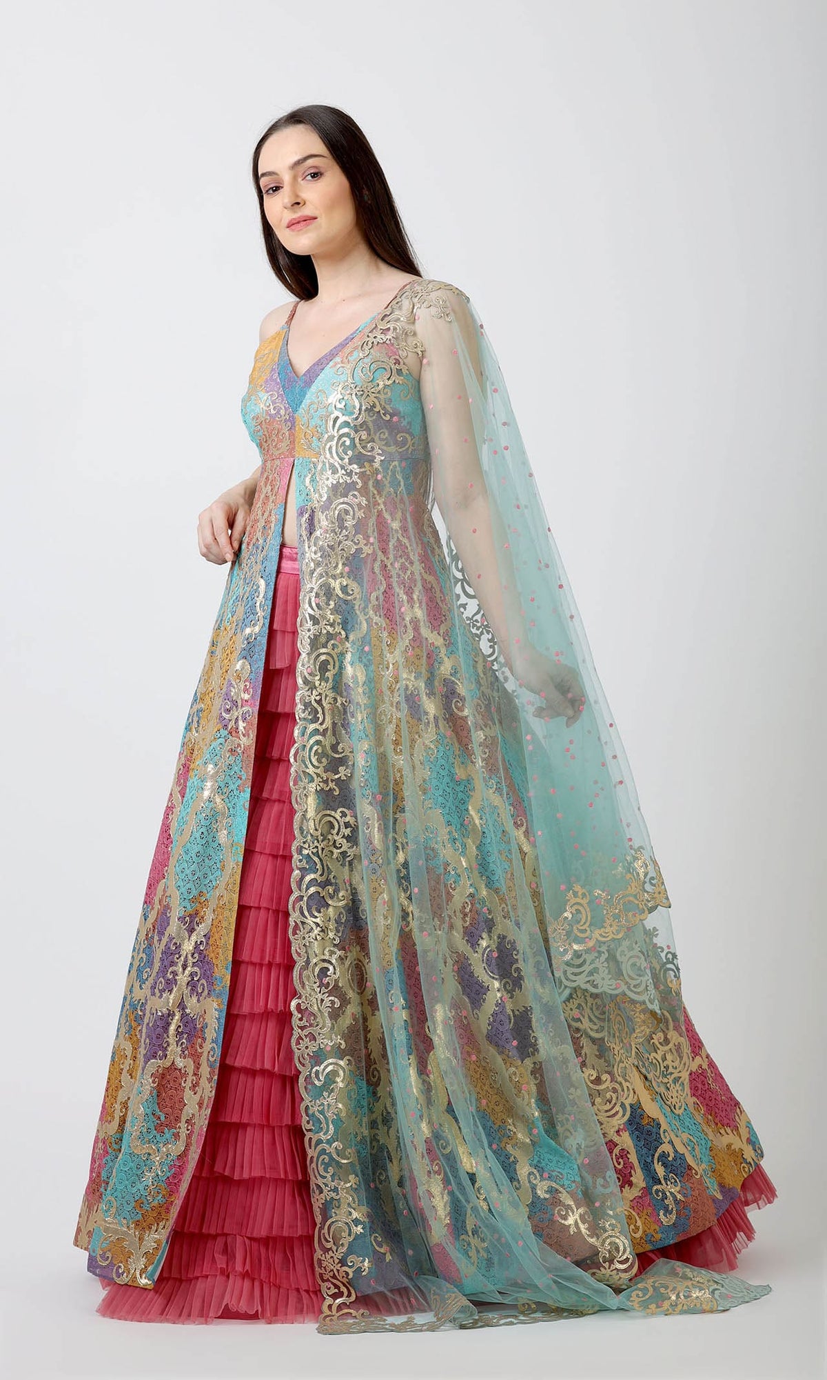 Multicolour Anarkali with Pink Ruffle Skirt