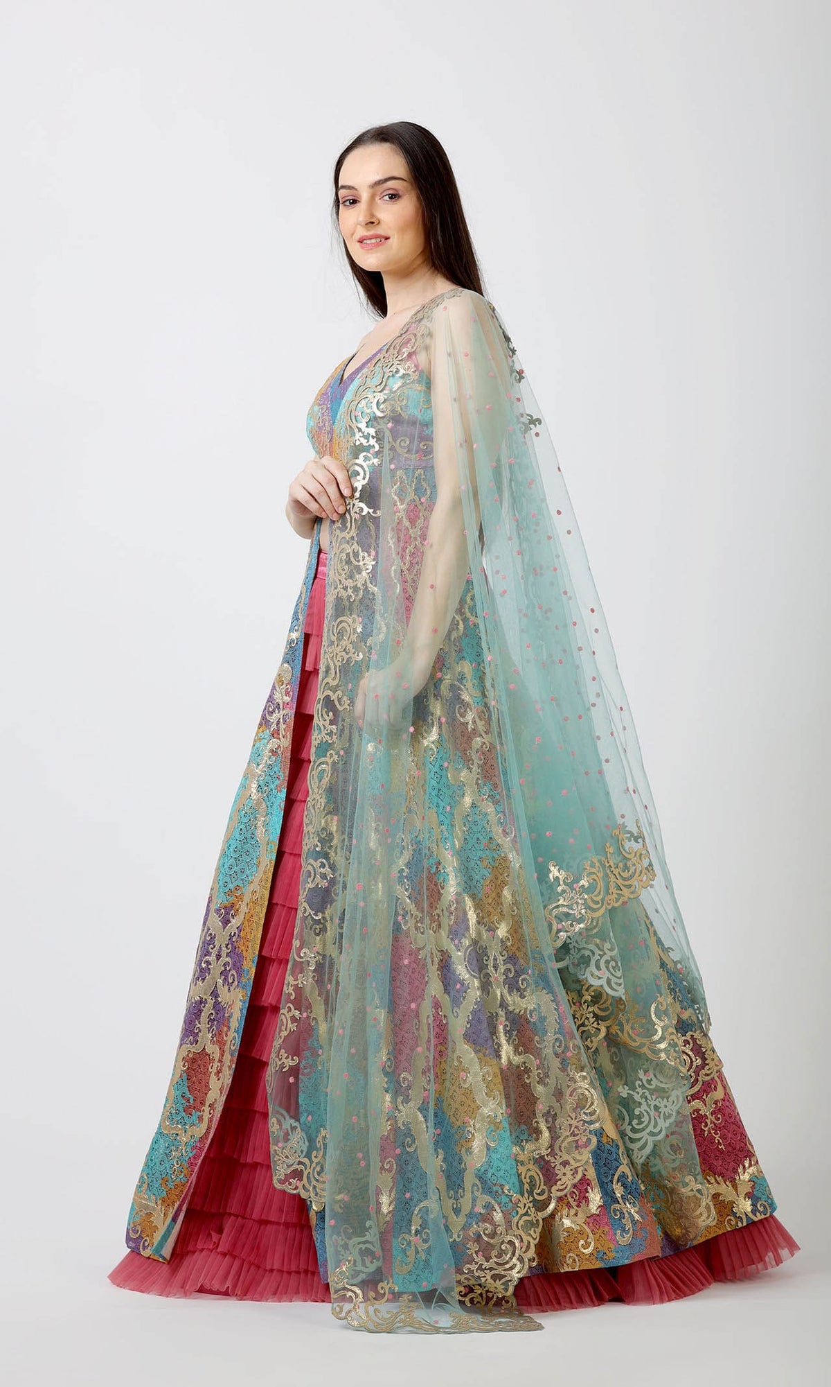 Multicolour Anarkali with Pink Ruffle Skirt