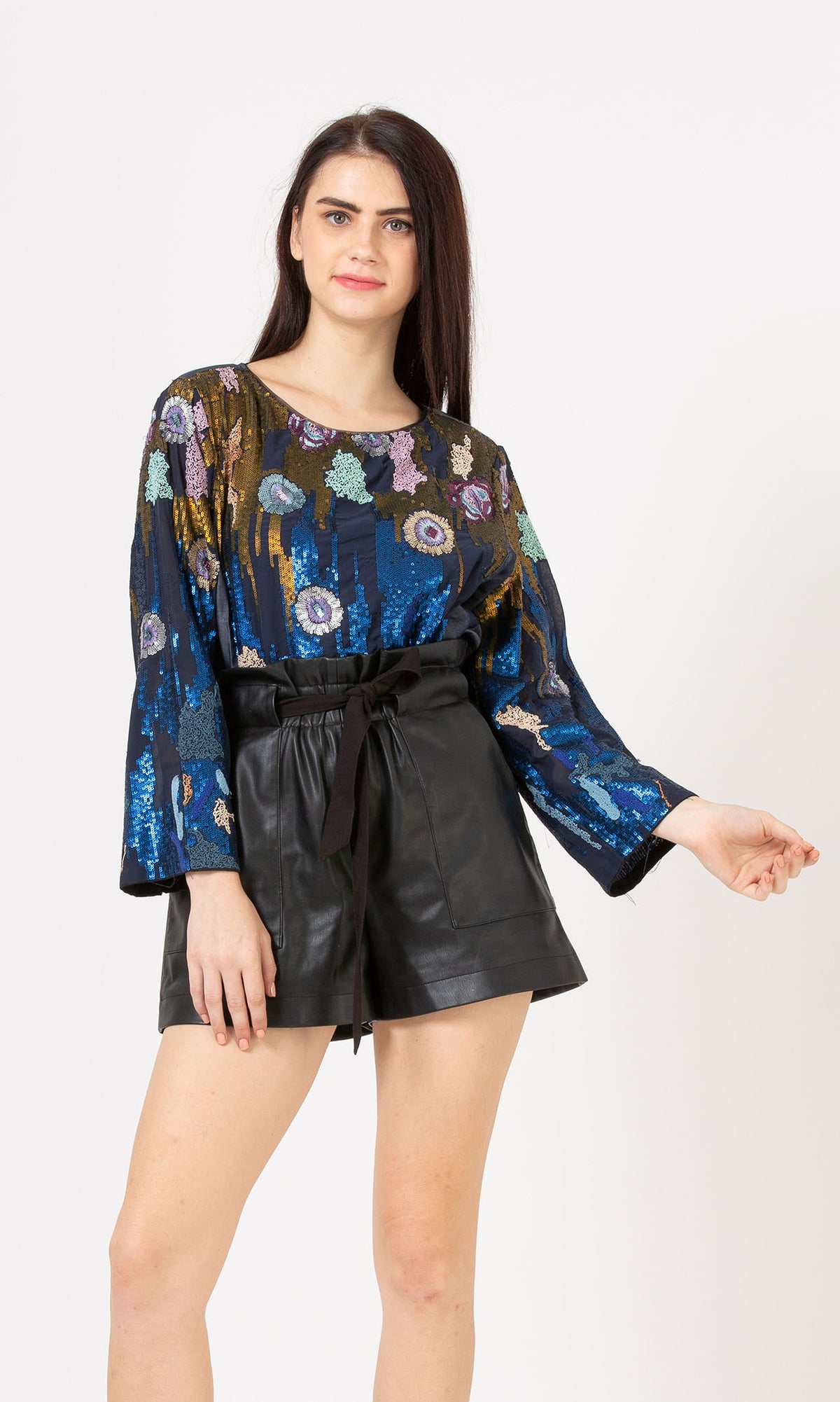 Sequins Embroidered Floral Denim Top