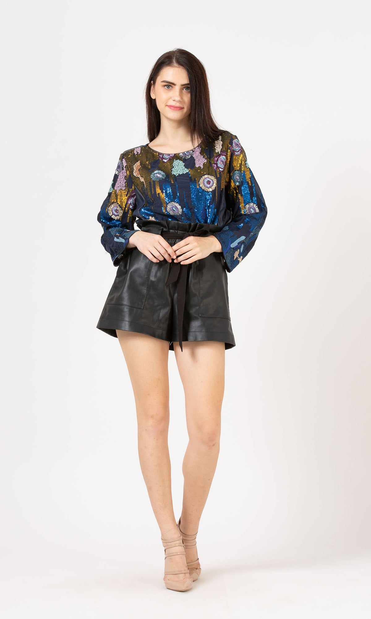Sequins Embroidered Floral Denim Top