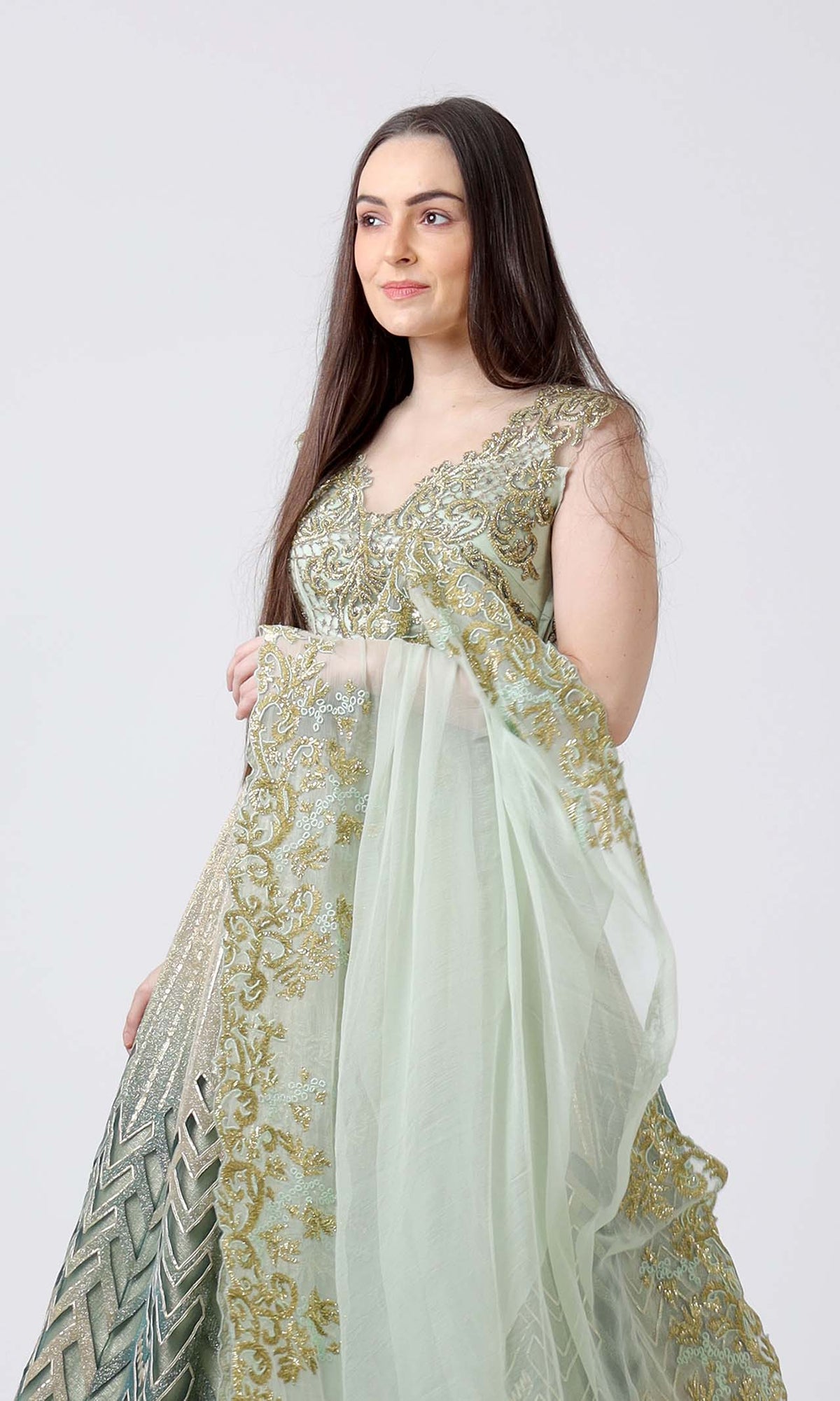 Green Laser Cut Lehenga Set