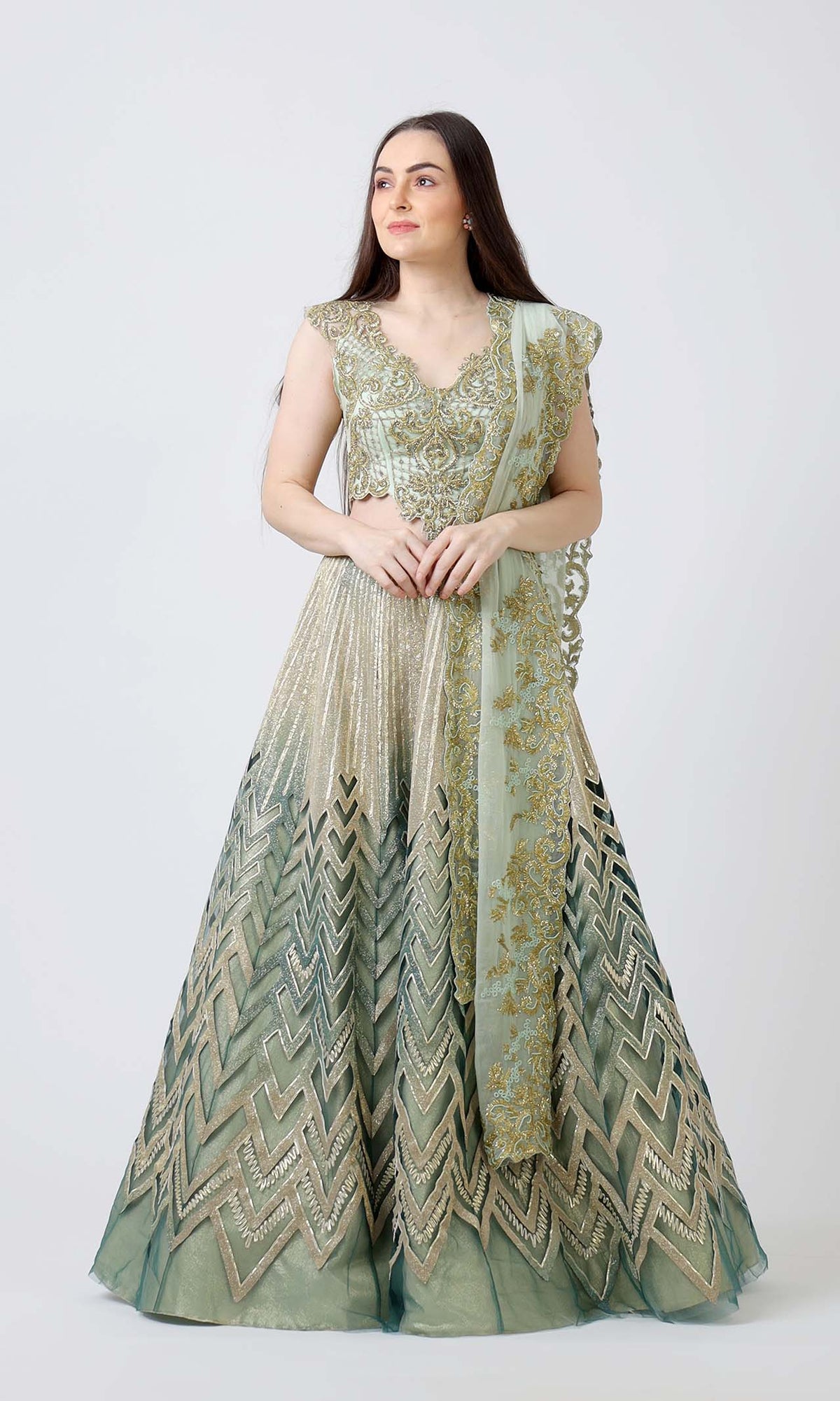 Green Laser Cut Lehenga Set