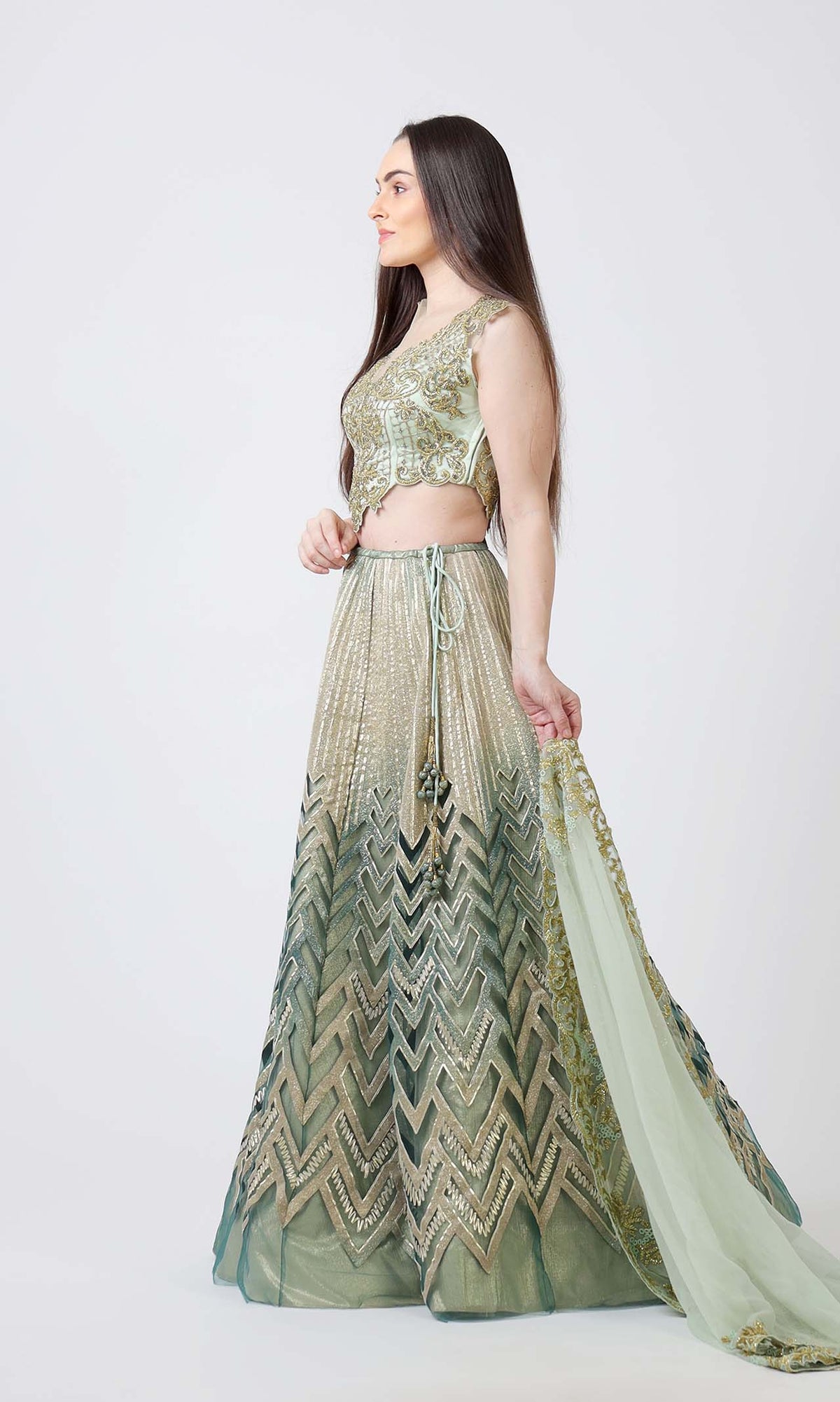 Green Laser Cut Lehenga Set