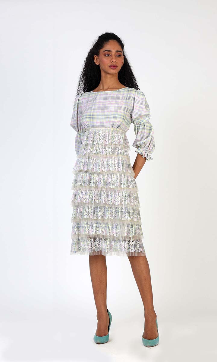 Pleated Grid Ruffle Dress