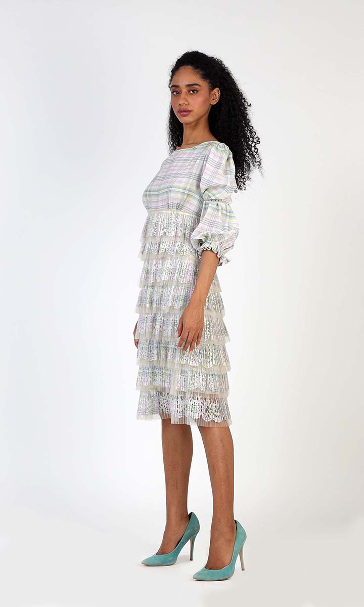 Pleated Grid Ruffle Dress