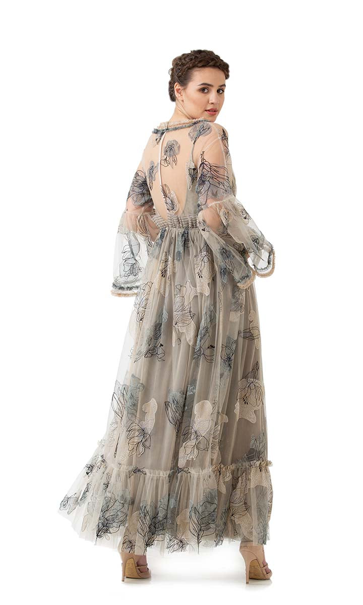 Beige Embroidered Sheer Dress