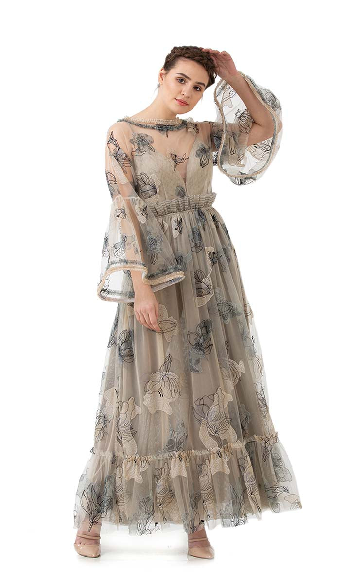 Beige Embroidered Sheer Dress