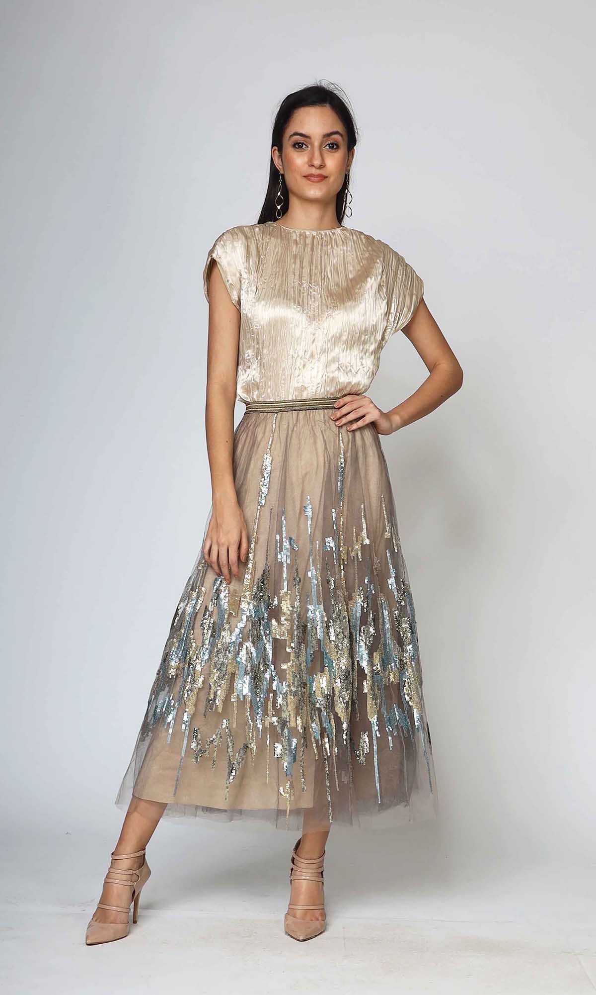 Sequin Embroidered Beige Skirt