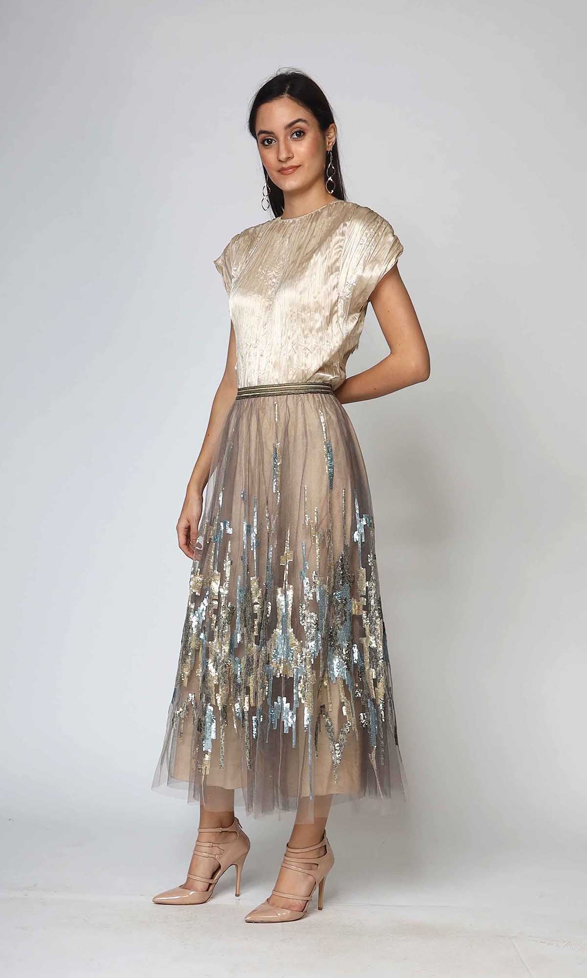 Sequin Embroidered Beige Skirt